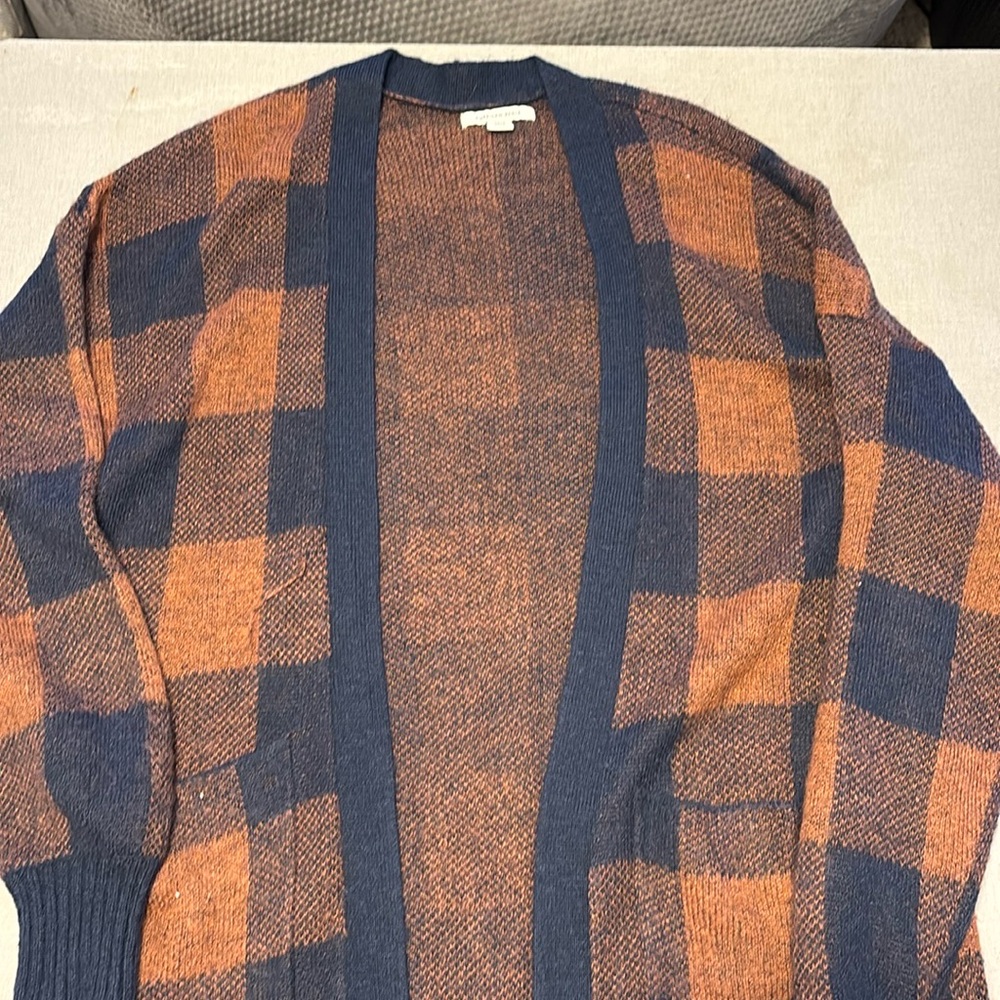 Navy and dark orange plaid cardigan small